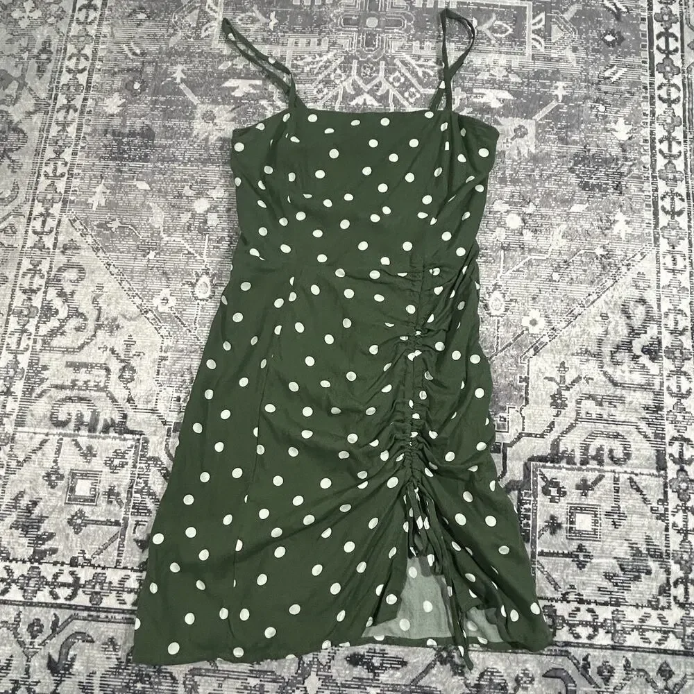 Aéropostale Green White Polka Dot Ruched Midi Dress XS Smocked Back - Picture 1 of 8
